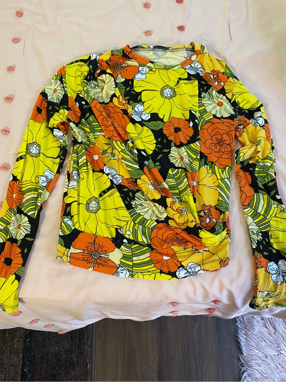 Zara Floral Twist-Front Long Sleeve Top in Yellow, Orange & Black